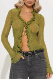 Sexy Hot Solid Color Lace See-Through Belted V Neck Tops