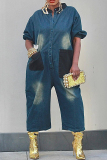 Casual Daily Patchwork Pocket Buttons O Neck Half Sleeve Regular Denim Jumpsuits
