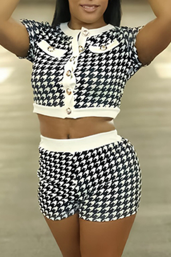 Casual Daily Print Buttons Patchwork Button Collar Short Sleeve Two Pieces
