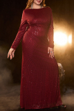 Party Formal Elegant Solid Color Sequins Patchwork Backless Slit O Neck Long Plus Size Dresses