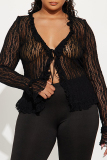 Sexy Hot Solid Color Lace See-Through Belted V Neck Tops