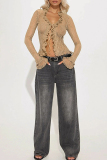 Sexy Hot Solid Color Lace See-Through Belted V Neck Tops