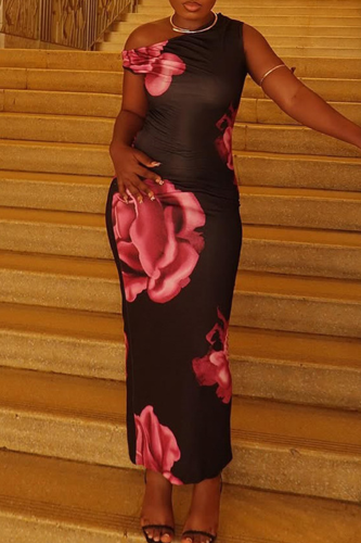 Elegant Print Patchwork Oblique Collar Long Dresses