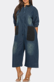 Casual Daily Patchwork Pocket Buttons O Neck Half Sleeve Regular Denim Jumpsuits