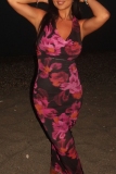 Sexy Vacation Floral Print Backless Belted Halter Long Dresses
