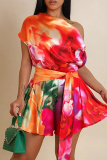 Sexy Casual Daily Print Backless Belted Regular Rompers