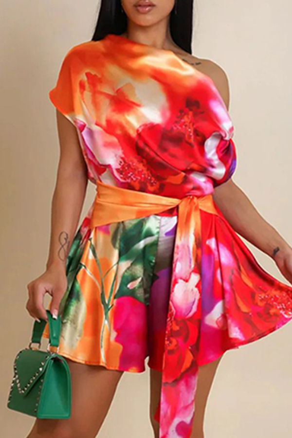Sexy Casual Daily Print Backless Belted Regular Rompers