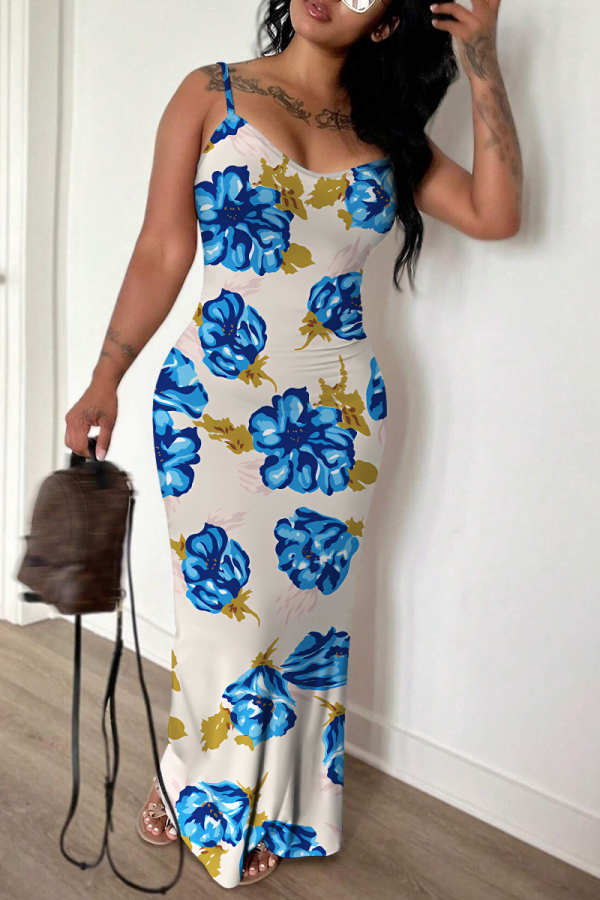 Sexy Casual Print Backless Spaghetti Strap Long Dresses