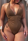 Sexy Hot Solid Color Backless Ruched Belted Swimwears (With Paddings)