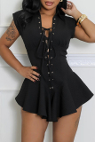 Sexy Hot Solid Color Belted Turndown Collar Regular Rompers