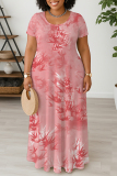 Casual Daily Plants Print Basic O Neck Long Plus Size Dresses