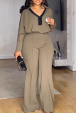 Khaki V Neck Long Sleeve Tops And Wide Leg Pants Casual Formal Office Lady Two Pieces Trouser Sets