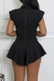 Sexy Hot Solid Color Belted Turndown Collar Regular Rompers