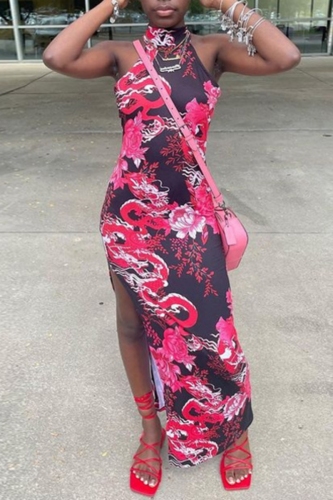 Sexy Print Slit Turtleneck Long Dresses