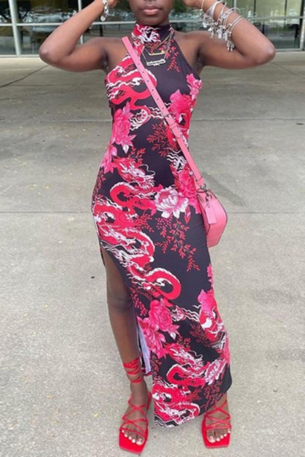Sexy Print Slit Turtleneck Long Dresses