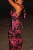 Sexy Vacation Floral Print Backless Belted Halter Long Dresses
