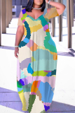 Casual Daily Print Hollow Out V Neck Long Plus Size Dresses