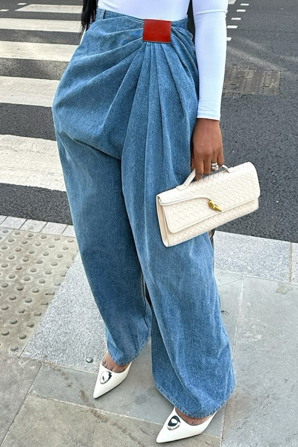 Casual Street Daily Solid Color Ruched High Waist Regular Denim Jeans