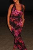 Sexy Vacation Floral Print Backless Belted Halter Long Dresses