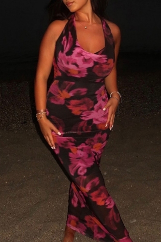 Sexy Vacation Floral Print Backless Belted Halter Long Dresses