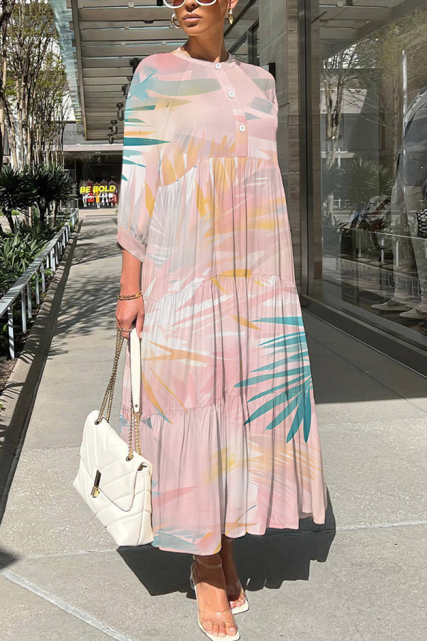 Casual Daily Print Buttons Basic O Neck Long Dresses