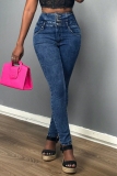 Casual Daily Solid Color Buttons High Waist Skinny Denim Jeans