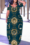 Casual Daily Print Hollow Out V Neck Long Plus Size Dresses