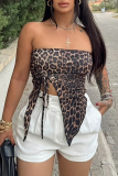 Sexy Hot Solid Color Leopard Print Backless Slit Belted Strapless Tops