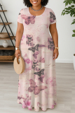 Casual Daily Plants Print Basic O Neck Long Plus Size Dresses