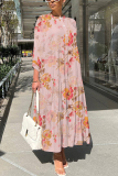 Casual Daily Print Buttons Basic O Neck Long Dresses