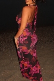 Sexy Vacation Floral Print Backless Belted Halter Long Dresses