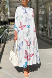 Casual Daily Print Buttons Basic O Neck Long Dresses