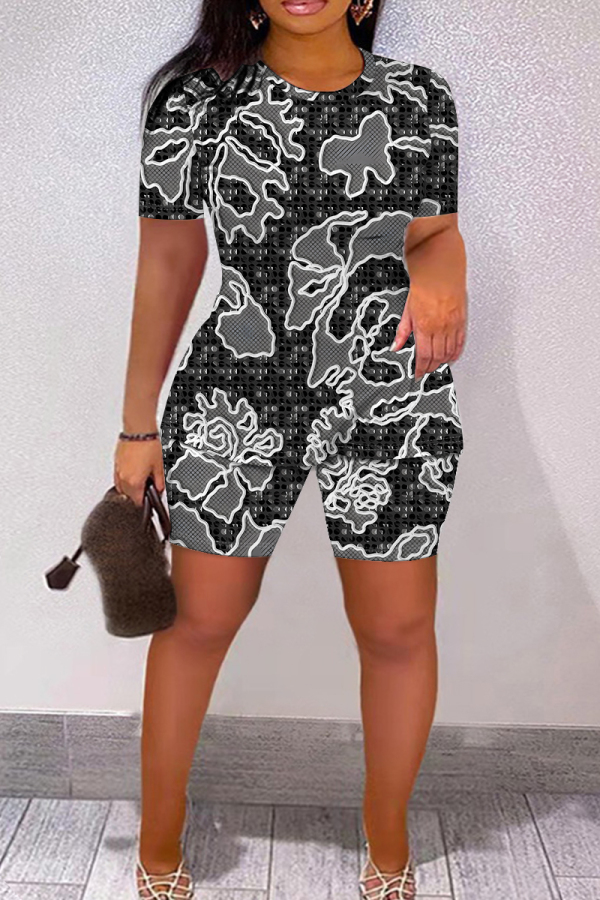 Casual Daily Print Basic O Neck Short Sleeve Two Pieces