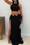 Blue Sleeveless Backless Cross Straps Cut Out Mental Ring Trim Waist High Slit Bodycon Party Vacation Maxi Slip Dresses