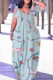 Casual Daily Print Hollow Out V Neck Long Plus Size Dresses