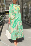Casual Daily Print Buttons Basic O Neck Long Dresses