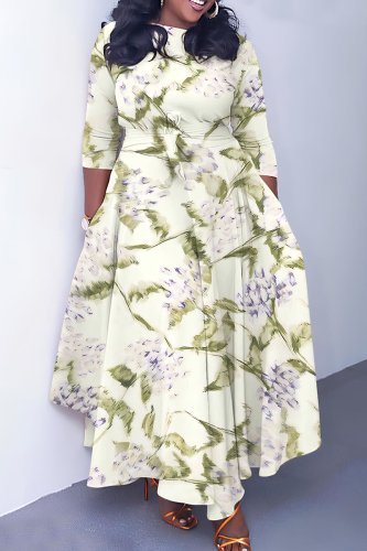 Casual Daily Print Belted O Neck Long Dresses