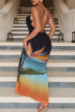 Sexy Casual Print Backless Spaghetti Strap Long Dresses