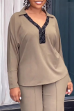 Khaki V Neck Long Sleeve Tops And Wide Leg Pants Casual Formal Office Lady Two Pieces Trouser Sets