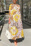 Casual Daily Print Buttons Basic O Neck Long Dresses