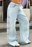 Casual Street Daily Embroidery Patchwork Basic Mid Waist Straight Denim Jeans