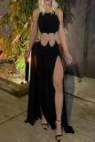 Blue Sleeveless Backless Cross Straps Cut Out Mental Ring Trim Waist High Slit Bodycon Party Vacation Maxi Slip Dresses