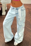 Casual Street Daily Embroidery Patchwork Basic Mid Waist Straight Denim Jeans