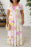 Casual Daily Plants Print Basic O Neck Long Plus Size Dresses