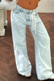 Casual Street Daily Embroidery Patchwork Basic Mid Waist Straight Denim Jeans