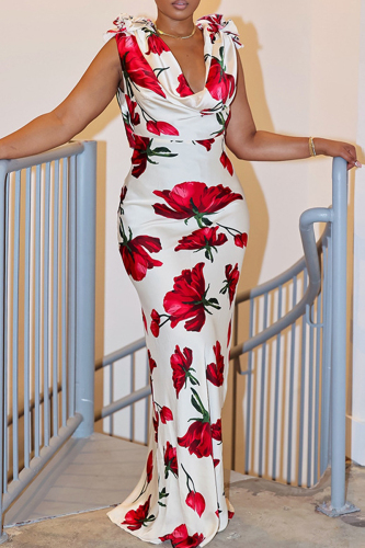 Sexy Floral Print Backless Pile Heap Collar Long Dresses