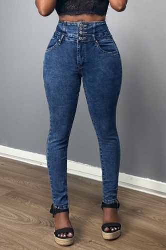 Casual Daily Solid Color Buttons High Waist Skinny Denim Jeans