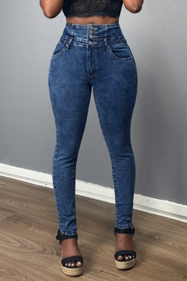Casual Daily Solid Color Buttons High Waist Skinny Denim Jeans