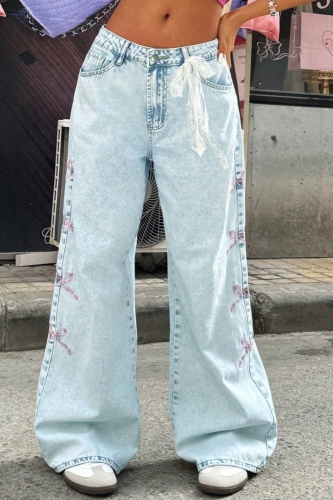 Casual Street Daily Embroidery Patchwork Basic Mid Waist Straight Denim Jeans