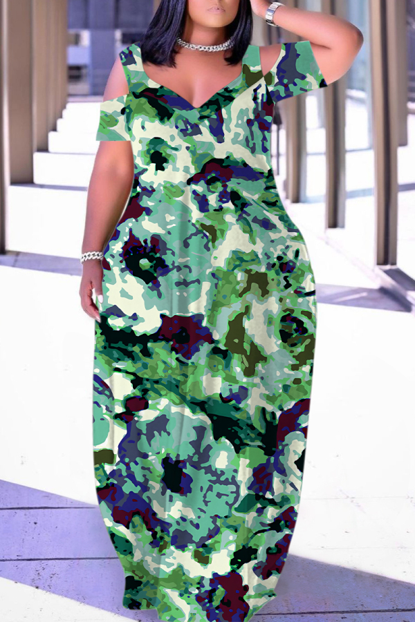 Casual Daily Print Hollow Out V Neck Long Plus Size Dresses